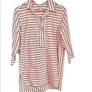Foxcroft Summer Breezy Tunic, Non Iron, White and Red Stripe Open V-Neck